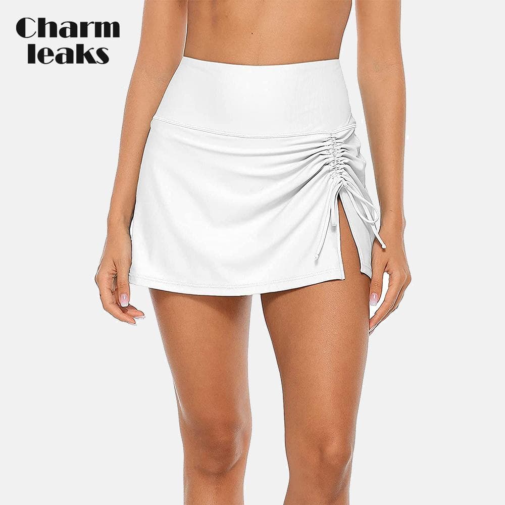 Womens High Waisted Split Swim Skirt Sporty Drawstring Skirted Swim Bottom with Built-in Swimming Panty Swimwear S white