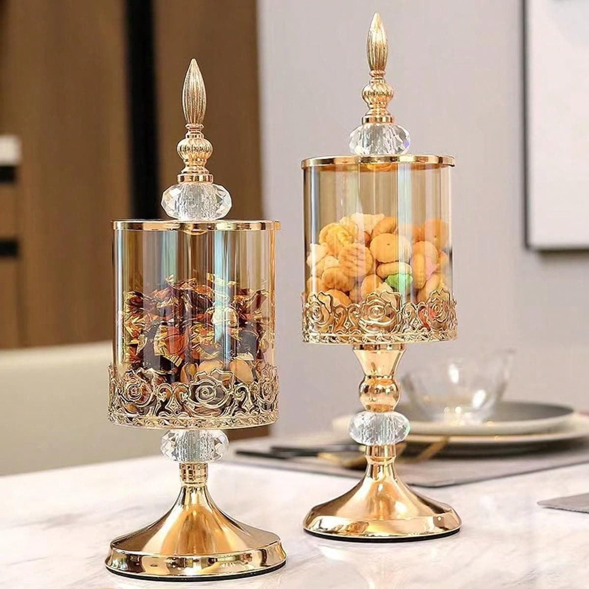 European Chic Candy Jar For Living Room Decor, Coffee Table Accent & Desktop Showcase, Aesthetic Home Accent For Sweet Treats Cake Stand Trumpet gold