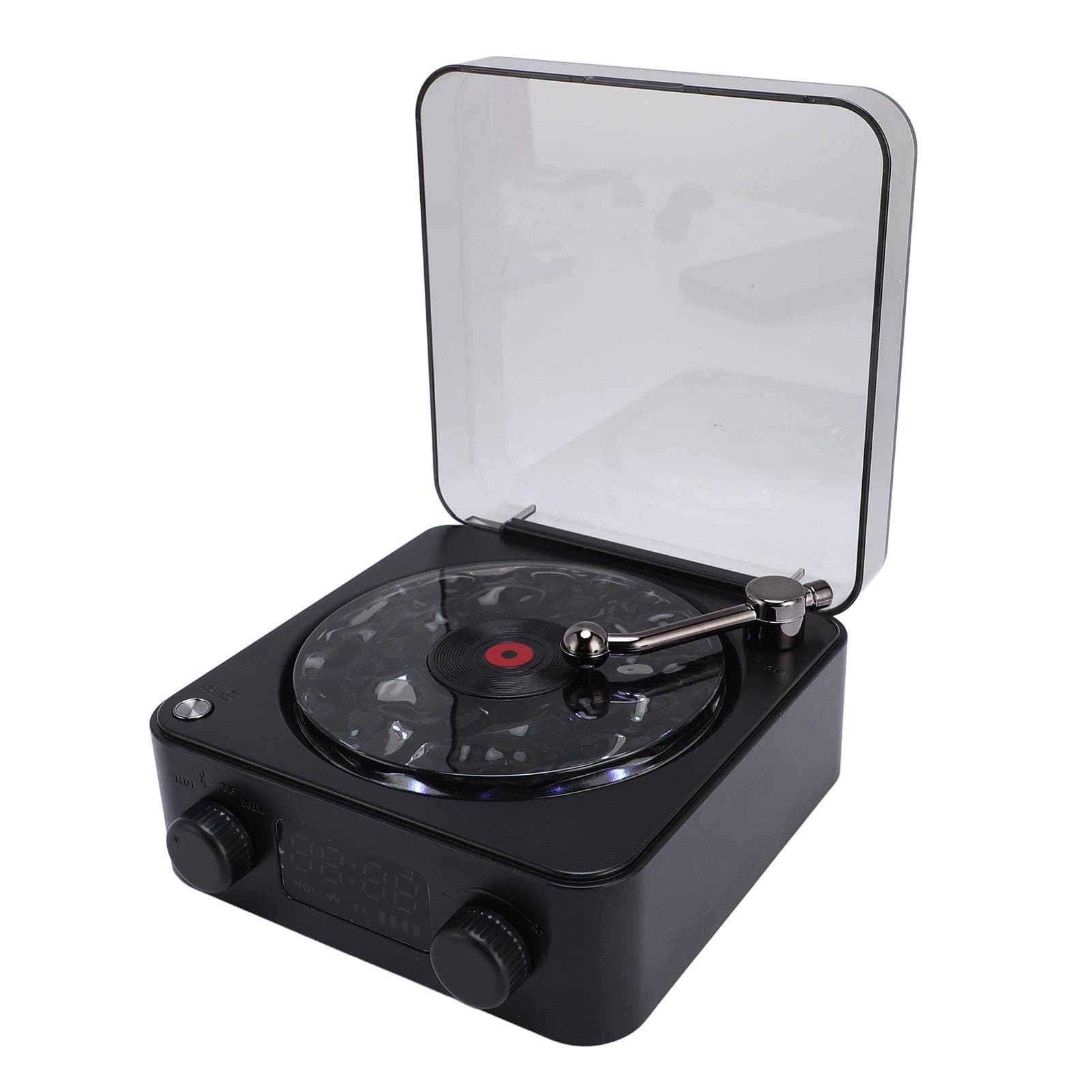 Stereo Speaker with Water Ripple Light and Time Display Retro Record Player BT Speaker for Bedroom black