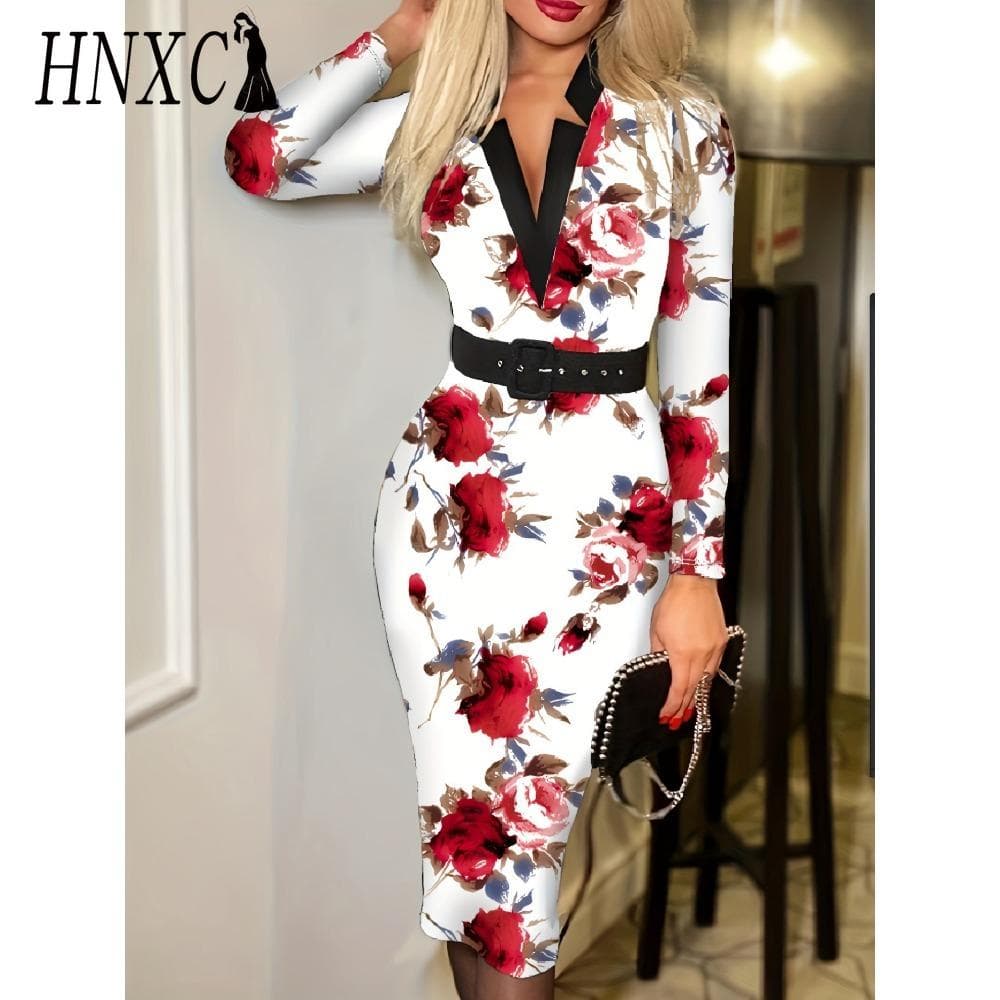 HNXC Women's Fashion Spring Autumn Long Sleeve V-Neck High Waist Casual Dresses XXL