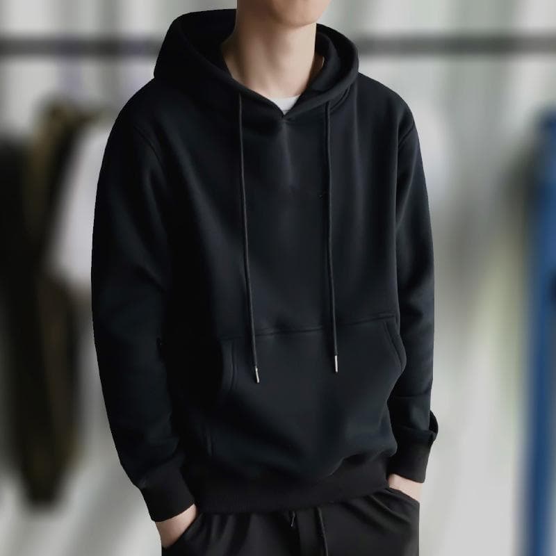 Men's Fleece-Lined Trendy Hooded Sweatshirt - Thick Pullover Jacket for Autumn & Winter, Korean Style M black