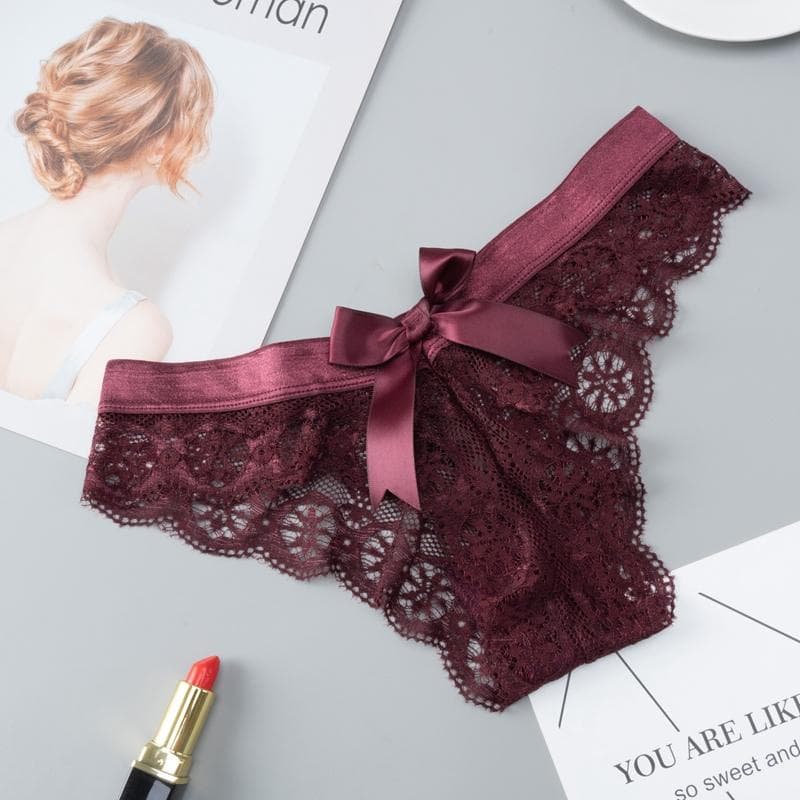 Lady Amazing Lingerie Lace G String Underwear Female T-back Sexy Fashion Thong Ladies Back Bow Transparent Panties XL wine red