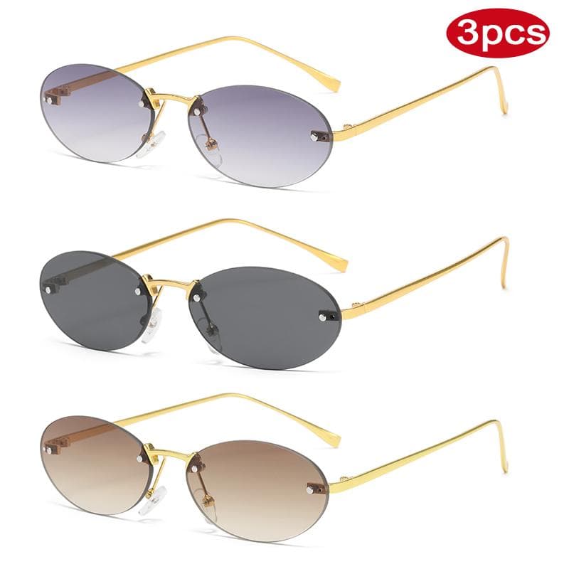 Trendy Rimless Metal Oval Sunglasses Women UV400 Protective Glasses 3pcs Thin Frame Luxury Brand Design