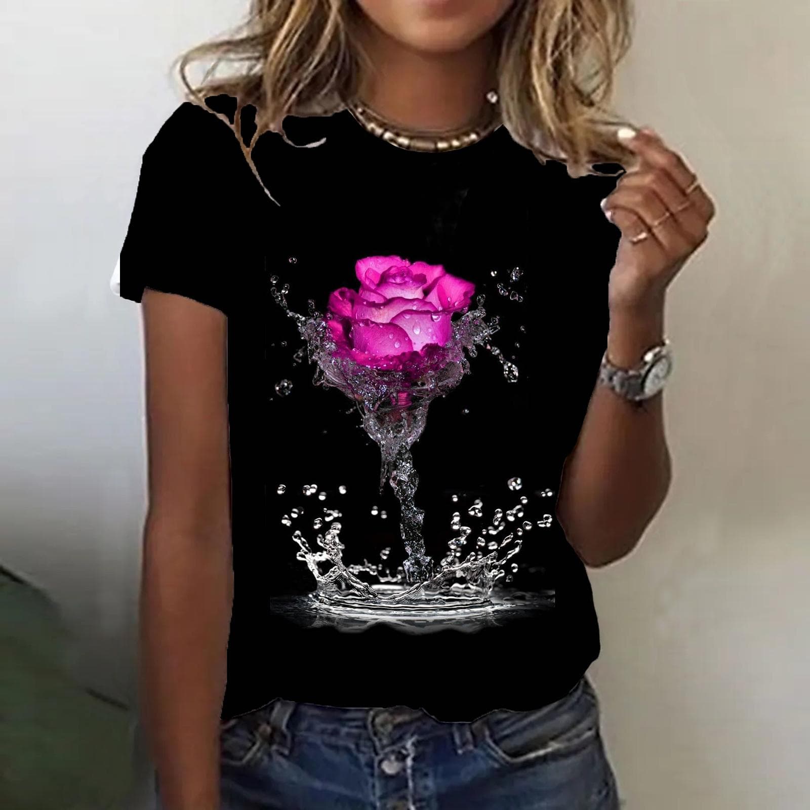 Fashion Women Rose T Shirt Funny Casual O-neck Short Sleeves T-shirt Summer Female Tee Shirt 4XL Rose
