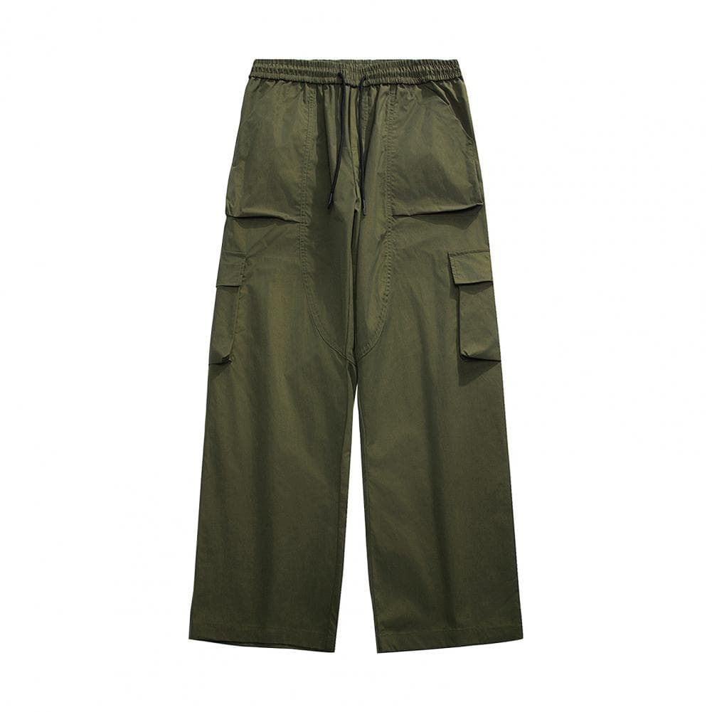 Men Cargo Pants Elastic Drawstring Waist Solid Color Long Pants Pockets Straight Wide Leg Casual Trousers Streetwear L green