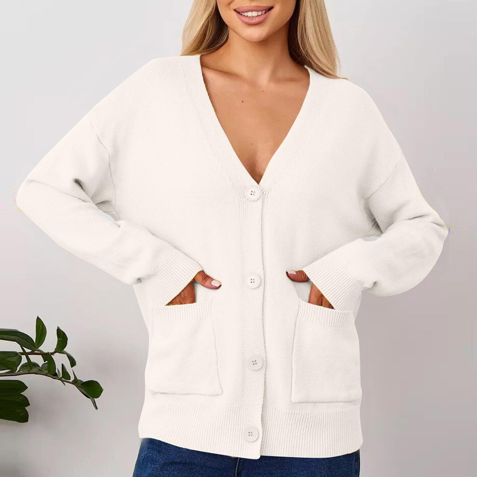 Women's Solid Color Casual Cardigan Sweater With Pockets For Women's Coat L white