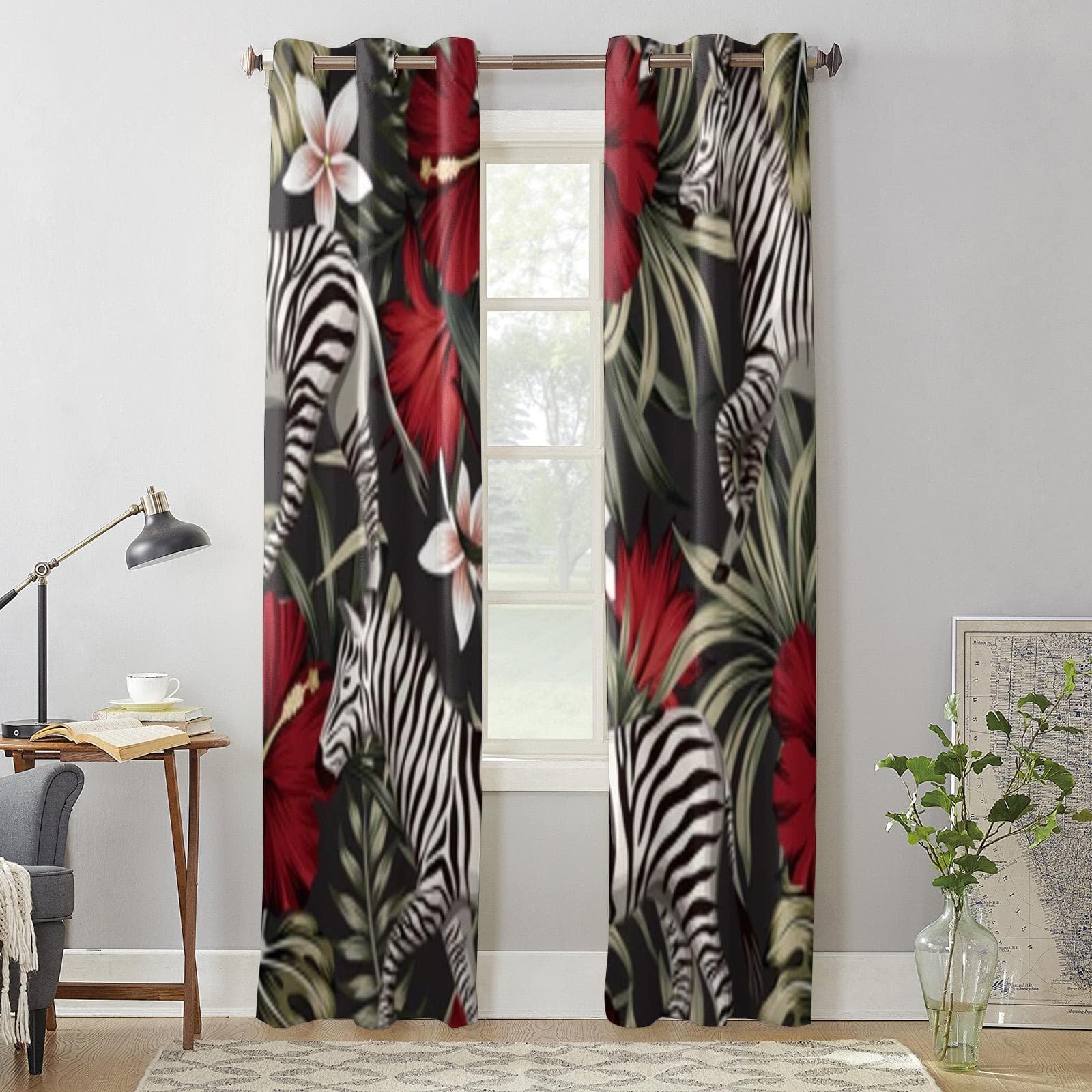 Tropical Palm Leaves Hibiscus Flower Zebra Window Curtains For Living Room Kitchen Modern Curtains Home Decor Blinds Drapes 135W x 60H(cm) x1
