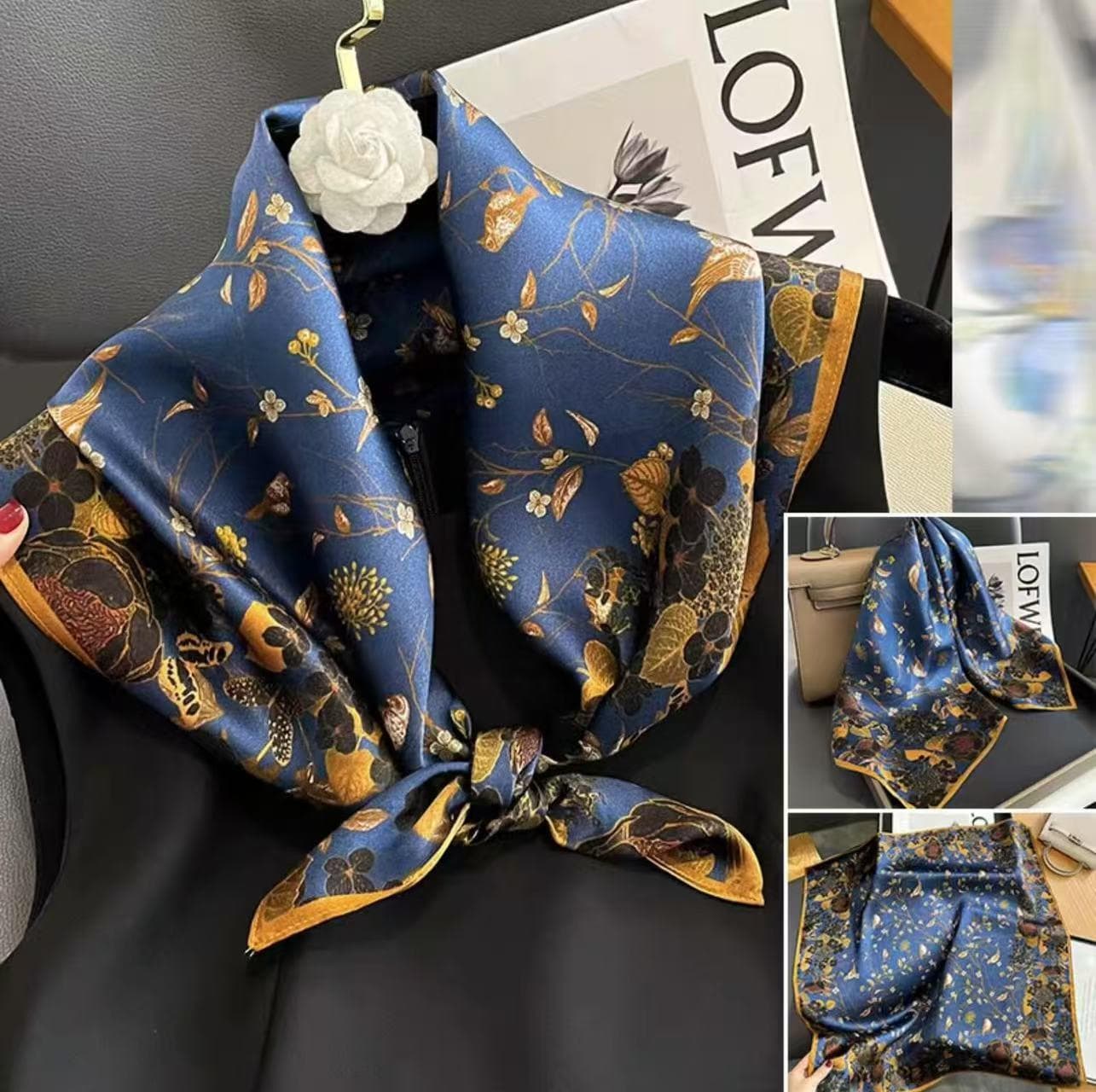 Silk Mulberry Square Scarf - Women's Spring/Summer Fashion Scarf Navy Blue