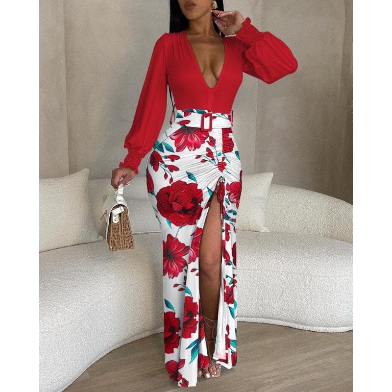 European and American style street hipster women's clothing pullover V-neck irregular skirt dress XXL red