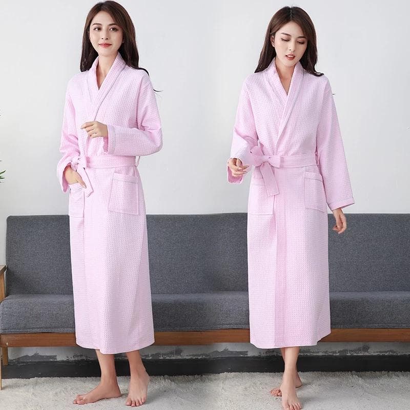 Bathrobe Women Waffle Cotton Extra Long Robe Solid Robe Female Long Soft Casual Sleepwear Pajamas For Women Home Robe Sping M pink