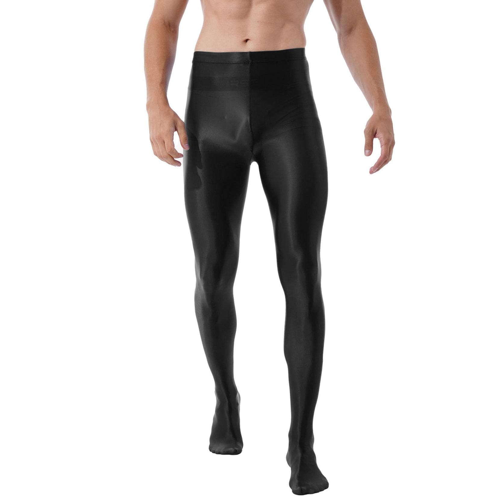 Men High Waist Shiny Pantyhose Stockings Leggings Fitness Workout Sports Trousers Tights XL black
