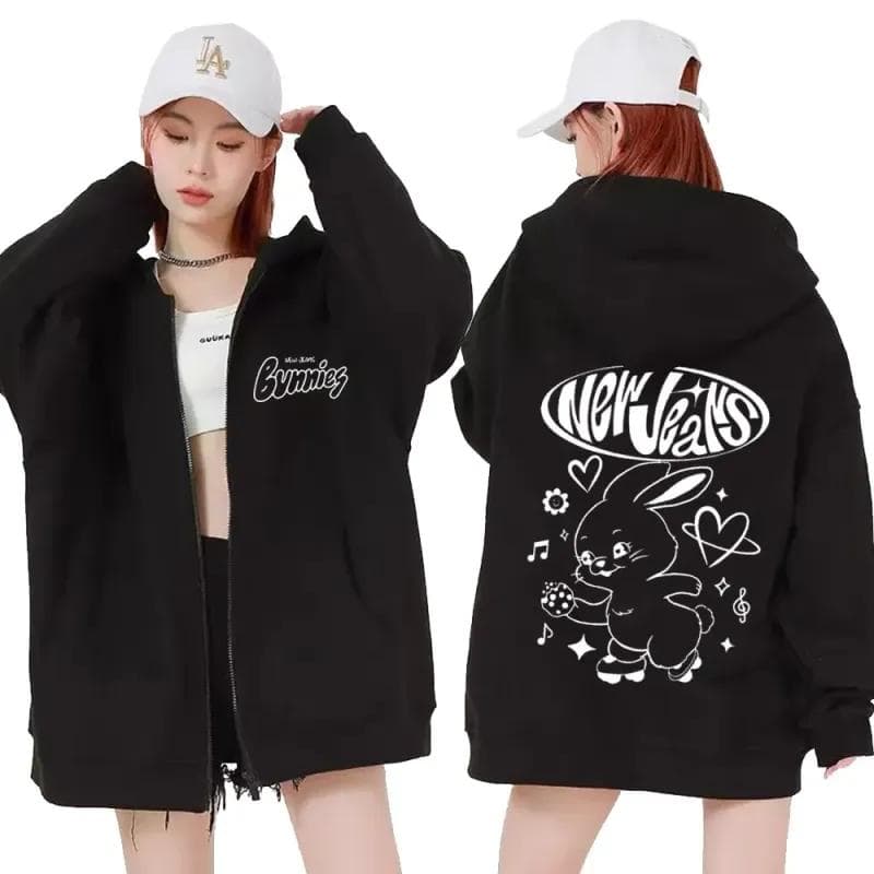 Korean NewJeans Bunny Kawaii Graphic Zip Up Hoodies Fashion Kpop Style Cute Hoodie Men Women's Casual Jackets Zipper Sweatshirts M