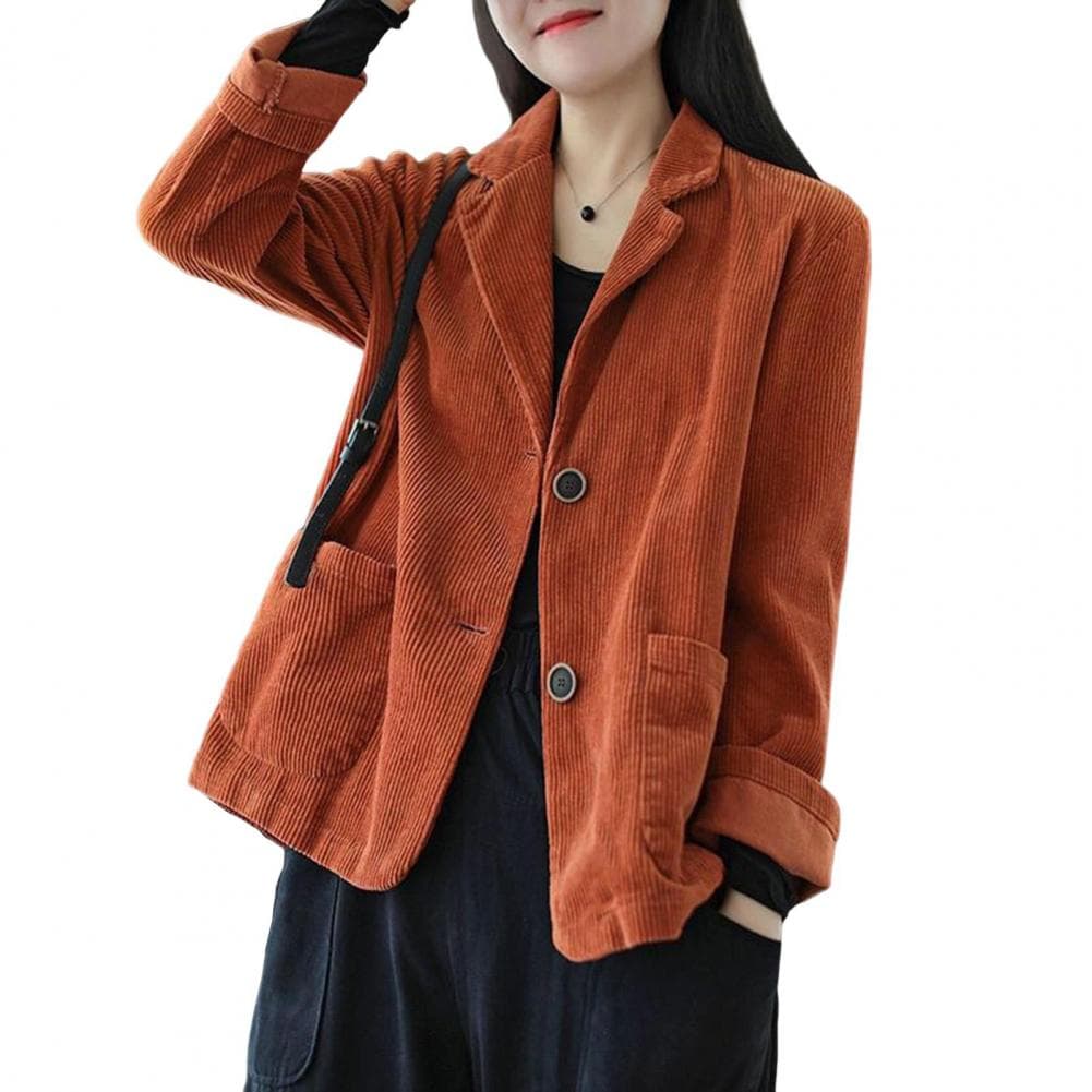 Corduroy Suit Coat Women Autumn Retro Loose Fit Single-Breasted Suit Jacket Lapel Long Sleeve Solid Color Business Coat with Poc L