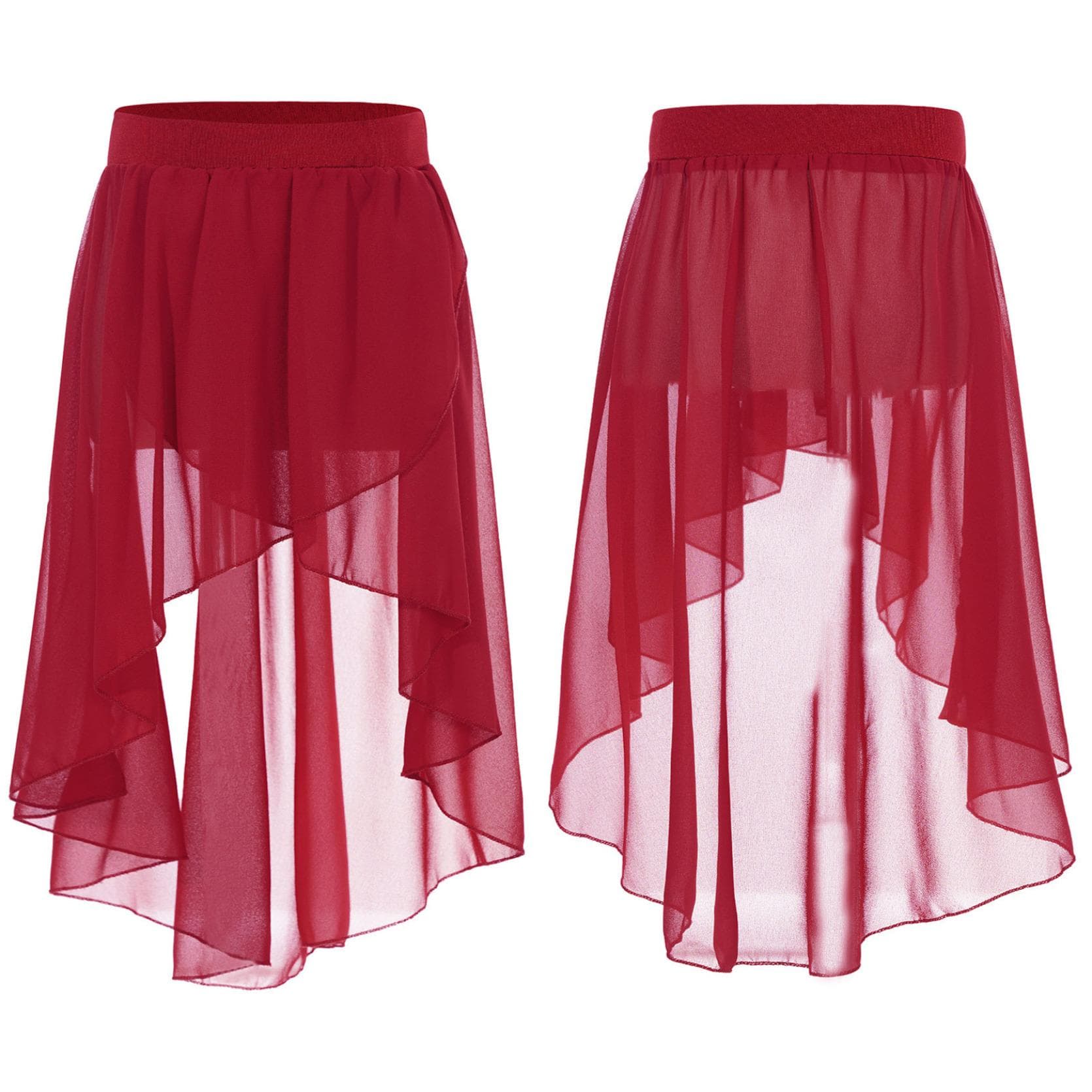 Girls High-Low Ballet Wrap Skirt Elastic Sheer Chiffon Side-Dip Asymmetrical Tutu Studio Practice Performance Costume 15-16 Years burgundy