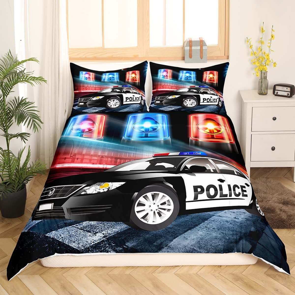 Policeman Car King Queen Duvet Cover Cartoon Black Police Car Bedding Set Boys Red Blue Cop Lights 2/3pcs Polyester Quilt Cover 70x133cm 2pcs