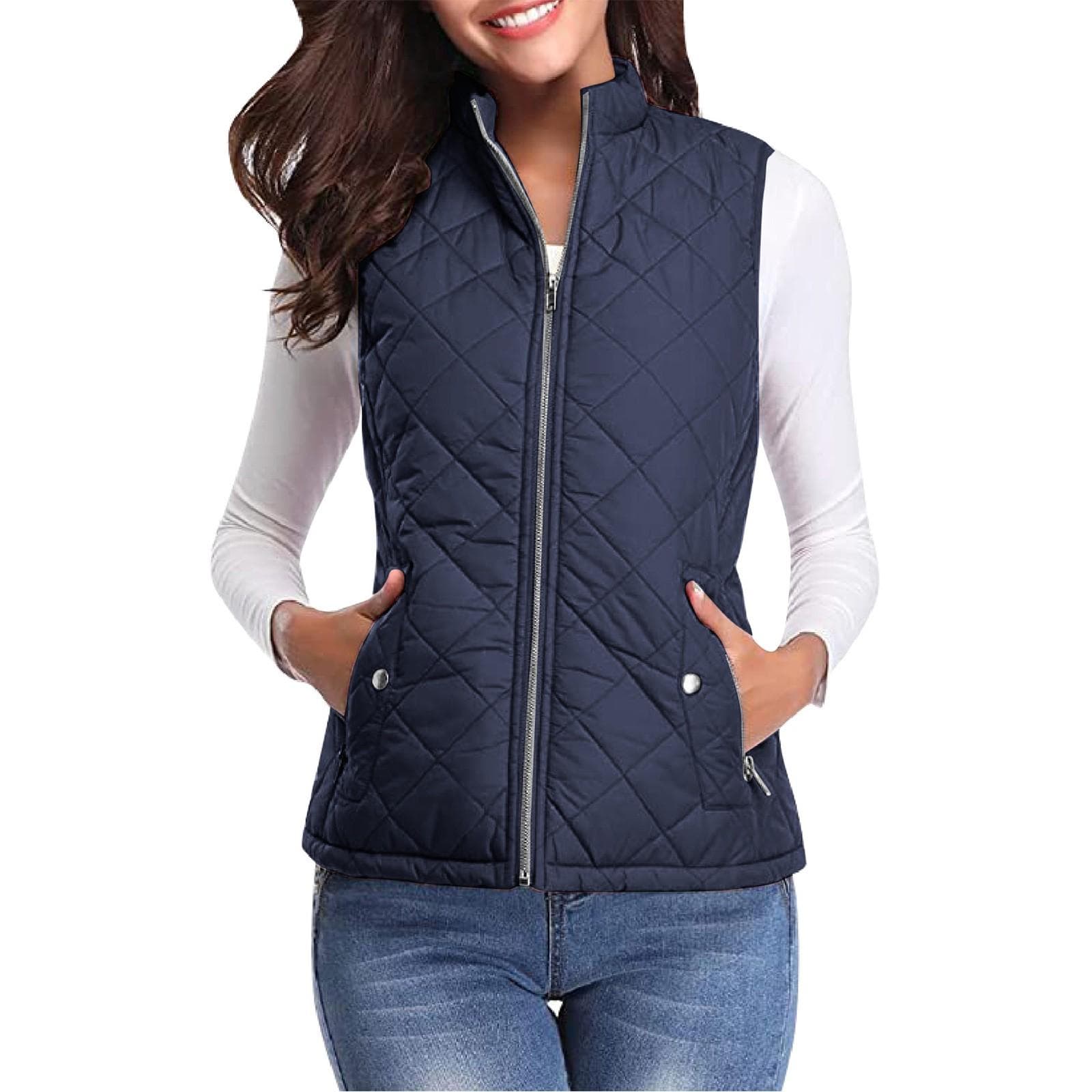 Women's Fashion Casual Solid Color Stand Collar Zipper Pocket Warm Cotton Vest Coat L Dark blue