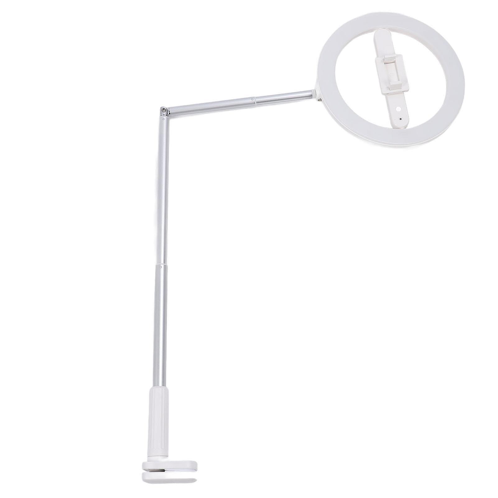 Ring Light with Clamp Stand Overhead Phone Holder Dimmable 3 Color Temp 5 Brightness Rechargeable