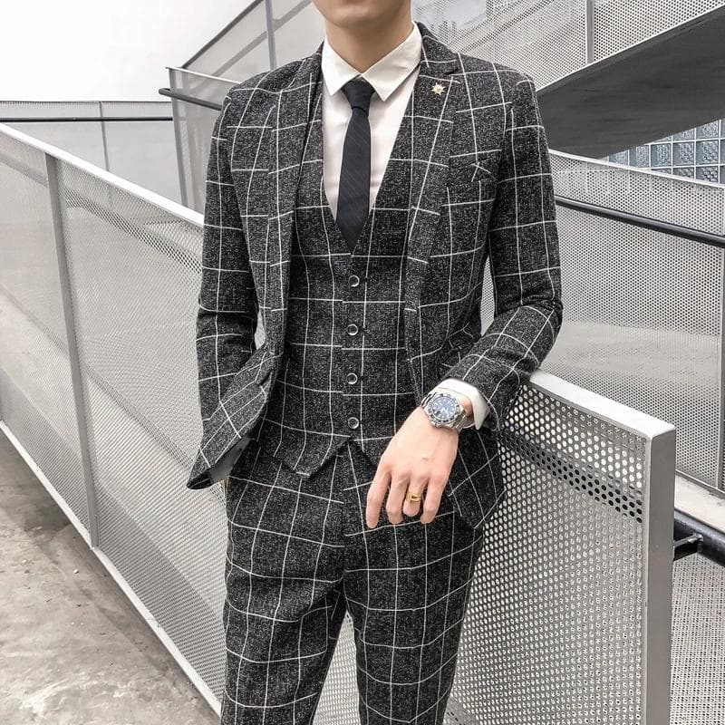 Jacket + Vest + Pants Men's Fashion Boutique Plaid Formal Business Suit Slim Stripe Wedding Blazers Coat Trousers Waistcoat Plus Size 2XL black