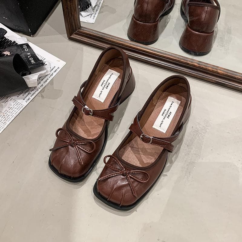 Designer Vintage Square Toe Women Mary Jane Shoes Fashion Shallow Butterfly-knot Shoes Ladies Elegant Dress Pumps Shoes 35 brown