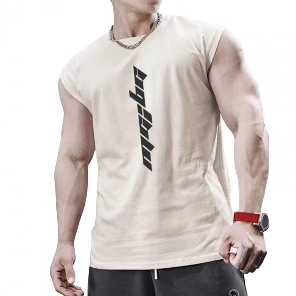 Men Summer Fitness Vest Letter Print Seamless Crew Neck Sleeveless Stretchy Soft Breathable Quick-drying Pullover Casual Men Gym M khaki