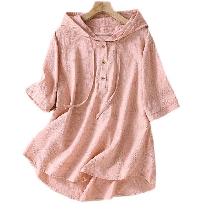 New Summer Mid-length Jacquard Embroidered Cotton and Linen Shirt for Women In Summer Casual Loose Hooded Top 3XL