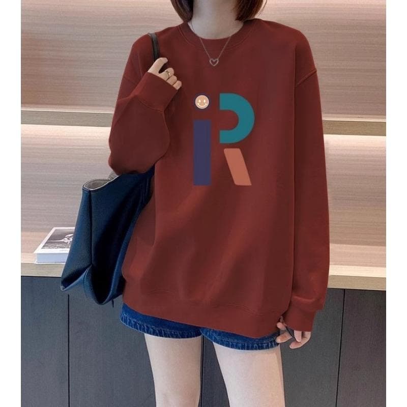 Navy Blue Letter Printed Sweatshirt for Women's Spring, Autumn and Winter New Style Plush Thick Round Neck Pullover Top Slim Jacket XXL