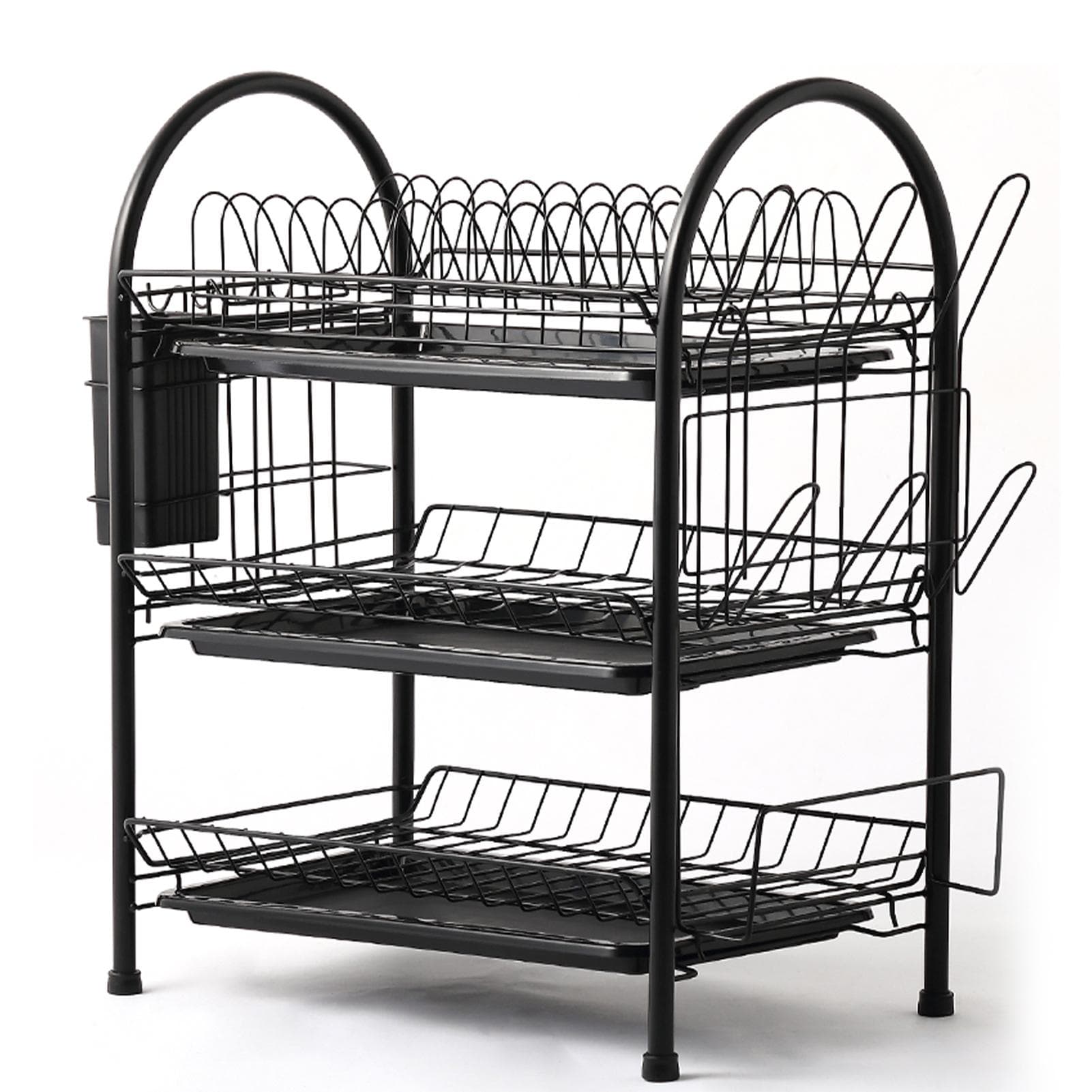 Dish Drying Rack 3 Tier Dish Rack Steel with Removable Drain Board Storage Rack for Dish Drainer Black 3 Tier with Cup Rack