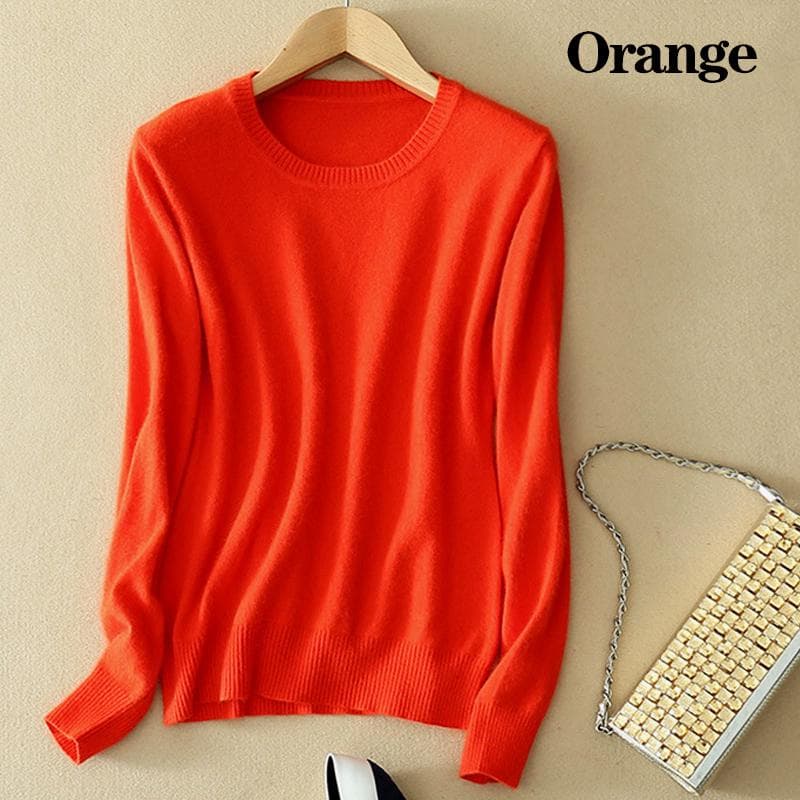 Women's Cozy Knitted Pullover Cashmere Sweater Crew Neck Fuzzy Slim Fit Red Black Wool M orange