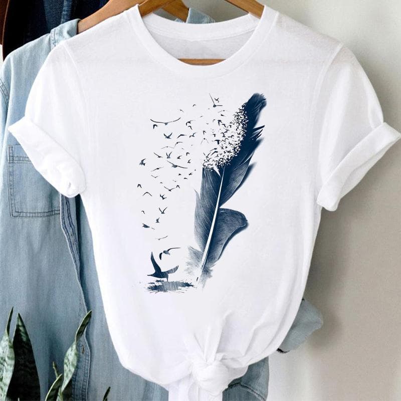 (Asian Size) Watercolor Feather Vintage Bird Women Print Short Sleeve Tee Top Fashion Tshirt Clothing Casual Summer Lady Female Graphic T-shirt XXL