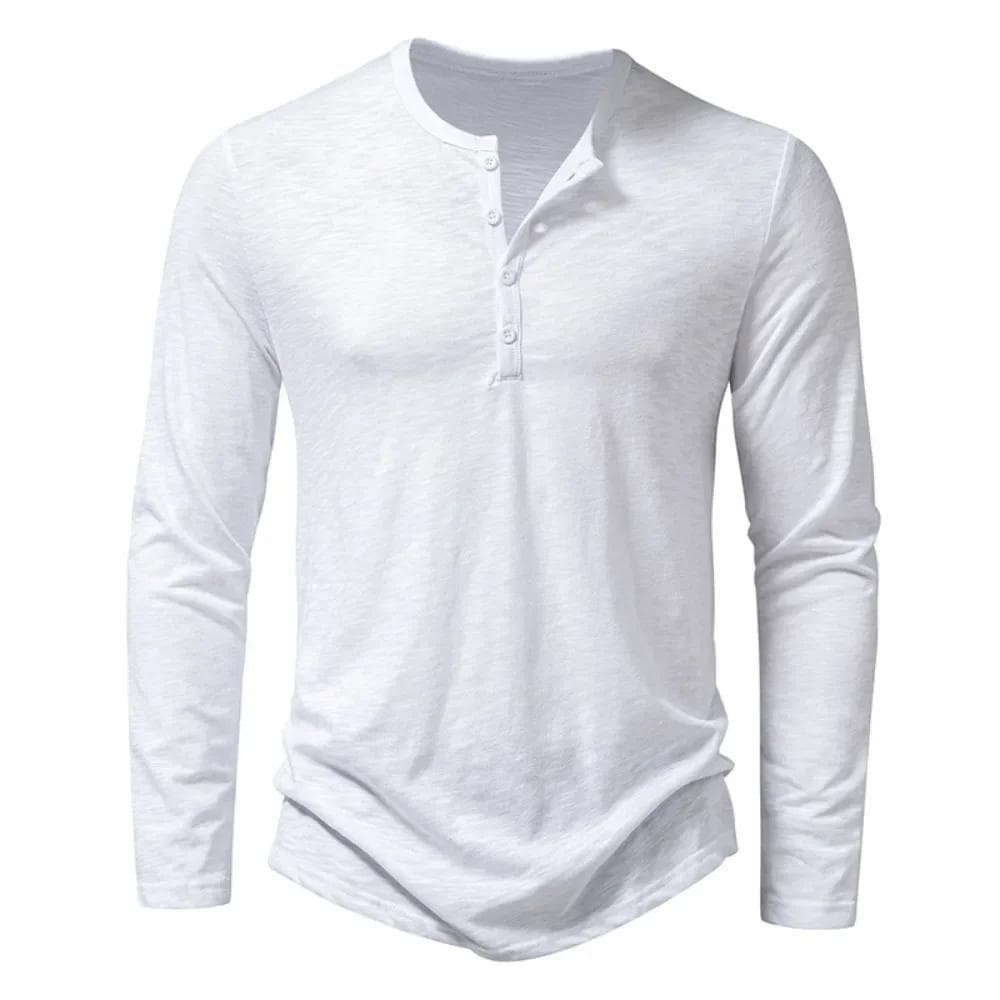 Men's Cotton Button T-Shirt Henley neck Shirt Long Sleeve Casual Solid color T-Shirts XL white