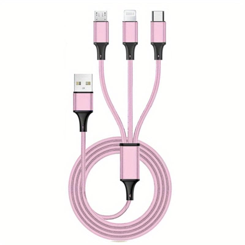 Digital Cables 3 in 1 USB Charging Cable for iPhone/Type-C/Micro USB Charger Cable For iPhone Charger Cable for Samsung, Redmi, Xiaomi Mobile Phones 1.2m/3.9ft/47inch pink