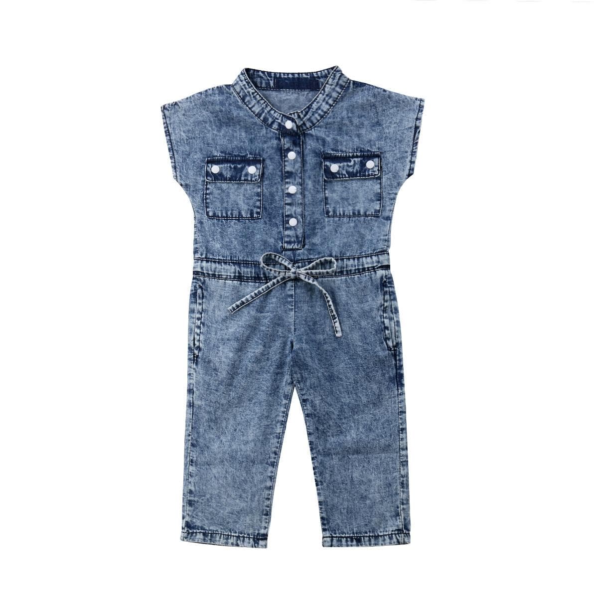 MAITA Little Girls Summer Denim Jumpsuit, Sleeveless Folded Collar Button-Down Outfit, One-Piece Chest Pockets Long Pants Clothes 110 blue