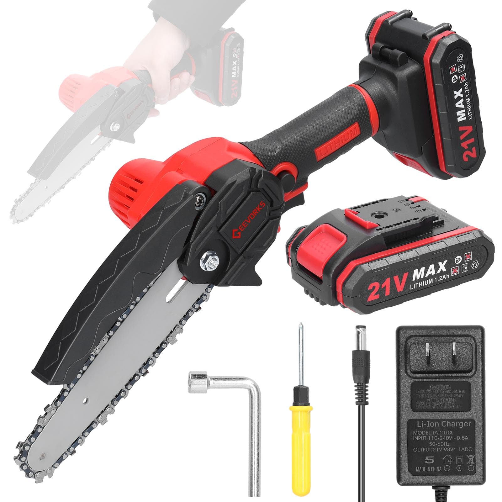 21V 6inch Portable Electric Pruning Saws Small Wood Splitting Chainsaw Brush Motor One-handed 2pcs batteries US Plug