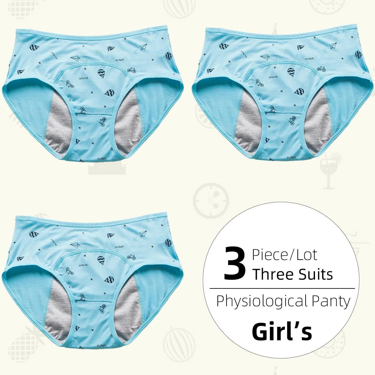 3Pieces/Lot Girls' Physiological Panty Underwear Leak-Proof Girls' Menstrual Special Sanitary Safety Pants Student Underwear Briefs M
