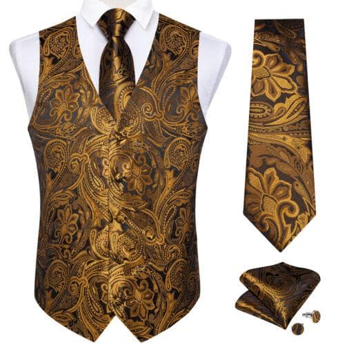 Dibangu Mens Yellow Paisley Vest Suit Waistcoat Hanky Cufflinks Tie Set Wedding S
