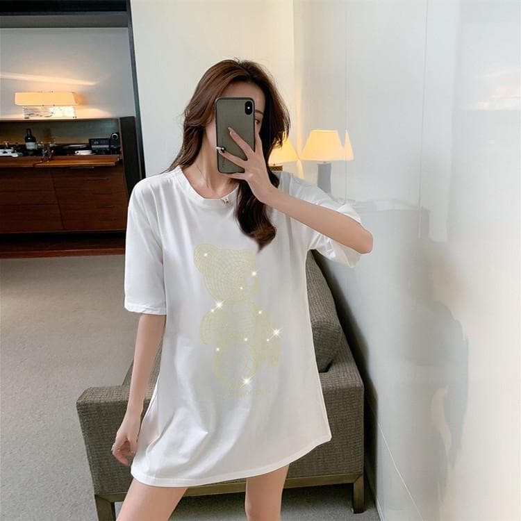 Heavy Industry Diamond  Trendy Brand Large Edition T-Shirt Women's Short-Sleeve Summer Bear Mid-Length Half-Sleeve Top XXXL white
