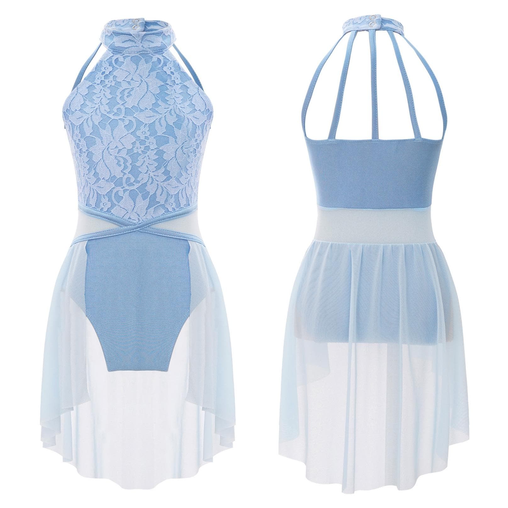 Kids Girls Lyrical Ballet Dance Dress Sleeveless Lace Floral Leotard Dress Contemporary Modern Dancing Costume 5-6 Years light blue