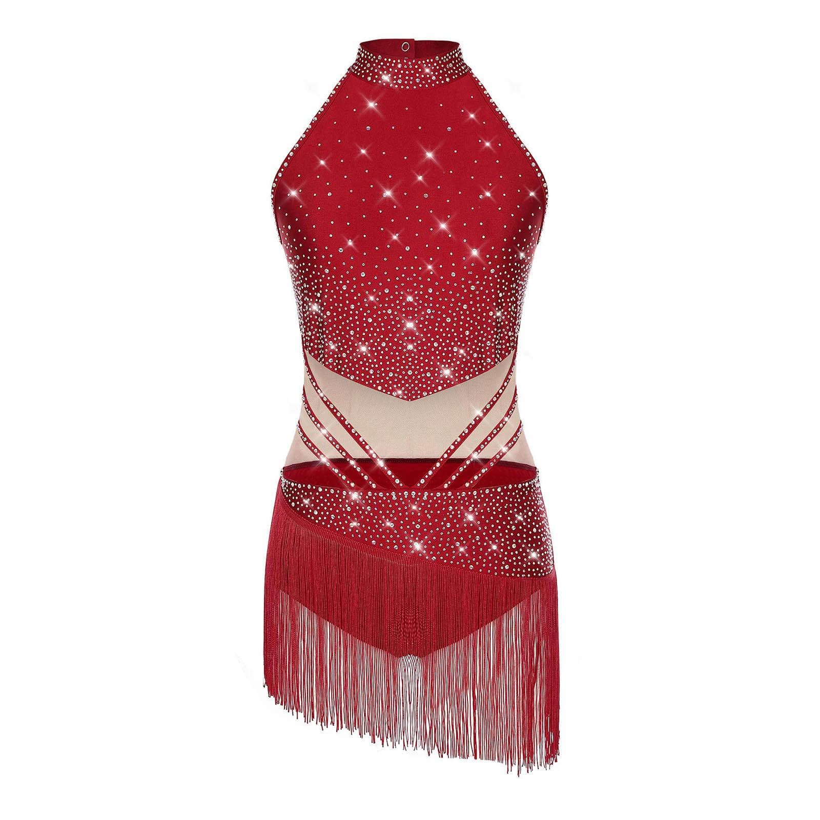 Womens Latin Dance Leotard Mock Neck Sleeveless Design Patchwork Rhinestone Tassel Details for Gymnastics Competitions XL burgundy
