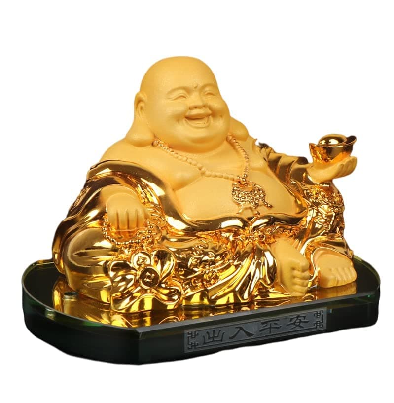 Hotei, one of the Seven Lucky Gods, is a gold-colored Buddhist figurine perfect for warding off evil, bringing good fortune, and bringing good luck. T