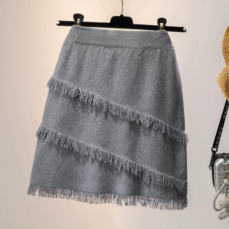 Tassel Knitted Half Skirt Women's Large Loose A-line Short Skirt 2XL gray