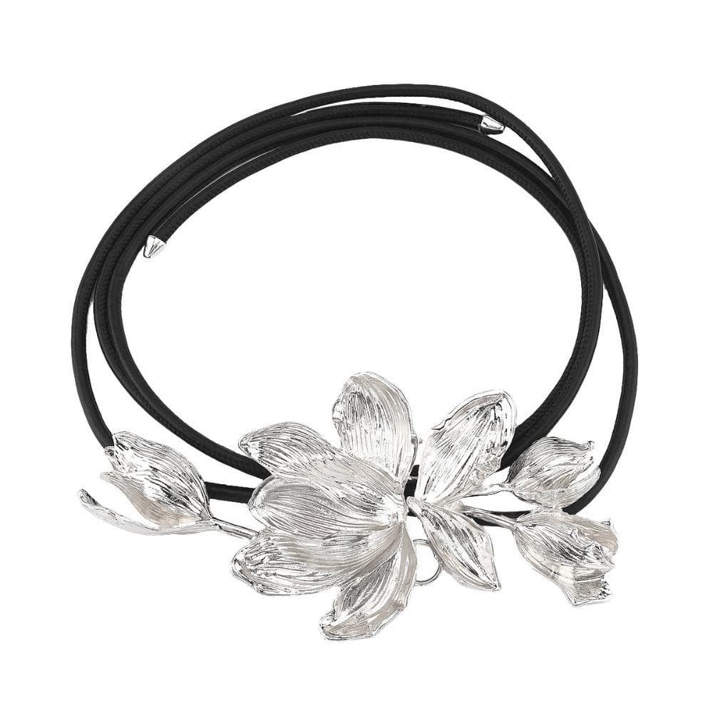 Elegant Zinc Zinc Alloy Flower Belt Large PU Leather Rope Belt Thin Rope Tulip Waist Chain Ladies Jeans silver