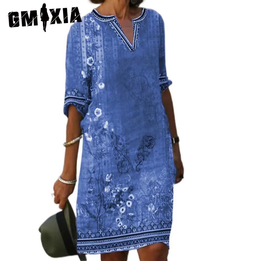 GMXIA Women Sexy V Neck T-Shirt Dress Summer Women Short Sleeve Top Women Slim Midi Dress Beach Skirt Print Dress Casual Dress XXL