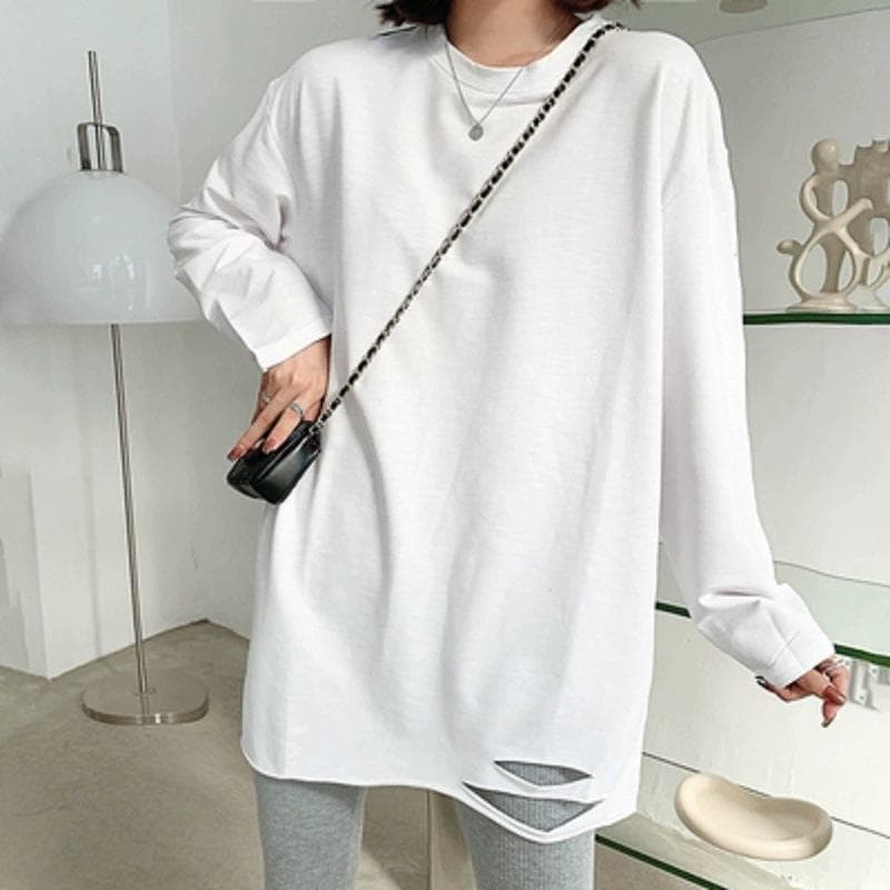 Autumn and Winter New White Long-sleeved T-shirt Women's Medium and Long Loose European Velvet Inner Ripped Bottoming Shirt XXL