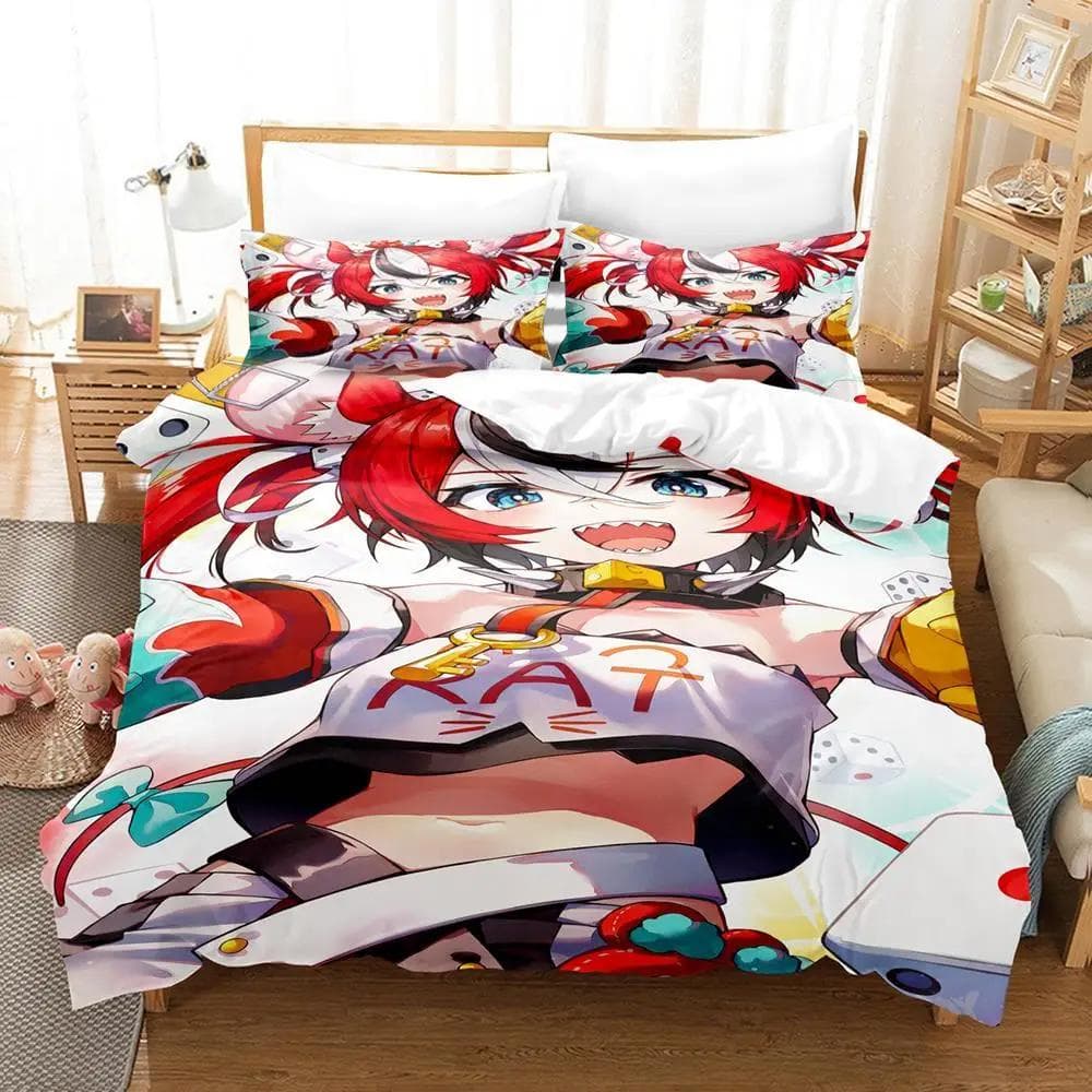 3D Print Hakos Baelz Anime Bedding Set Duvet Cover Bed Set Quilt Cover Pillowcase Comforter king Queen Size Boys Adult Bedding EU Single(135x200cm)