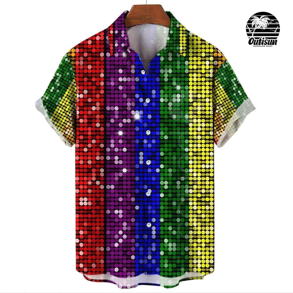 Summer Fashion Plaid Rainbow Print Men's Short Sleeve Casual Shirt Pride Month Party Outfit Tops Street Trend Party Oversized XXL