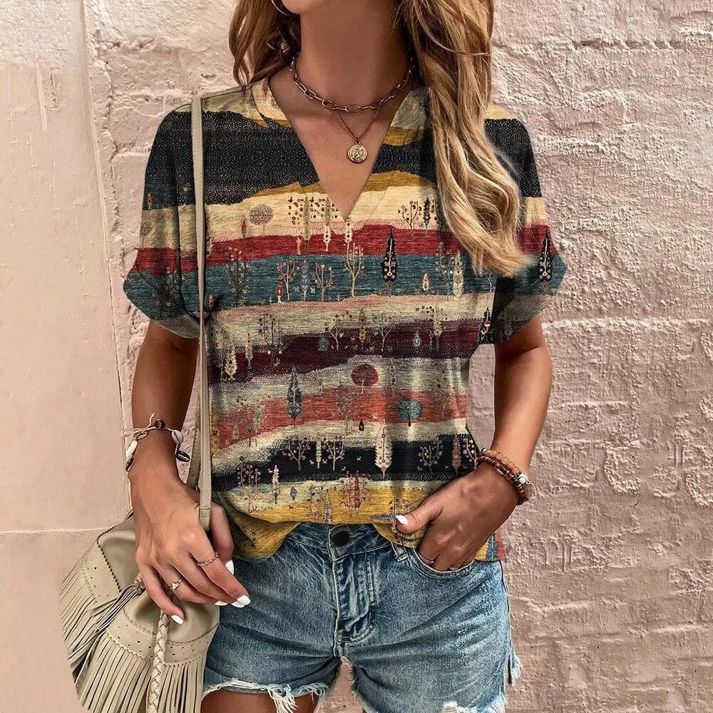 Retro Women's T-Shirt Summer V-Neck Short Sleeve Tee Casual Harajuku Stripe Print T Shirt for Women Streetwear Pullover Tops New XL