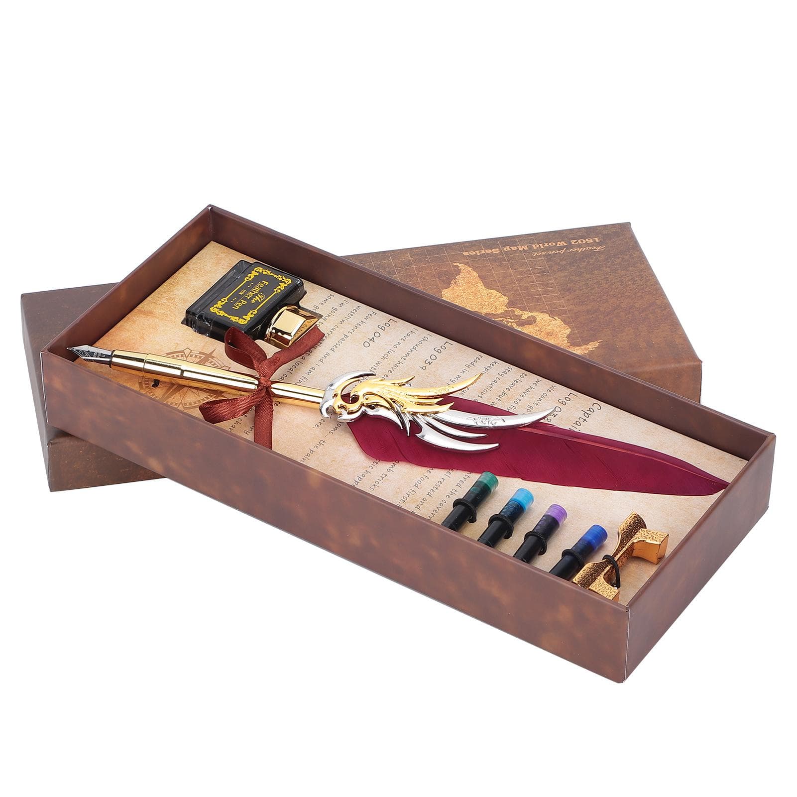 Feather Pen Calligraphy Writing Vintage Set Metal Retro Dip Quill Kit with Ink Sac SP270Navy Blue wine red