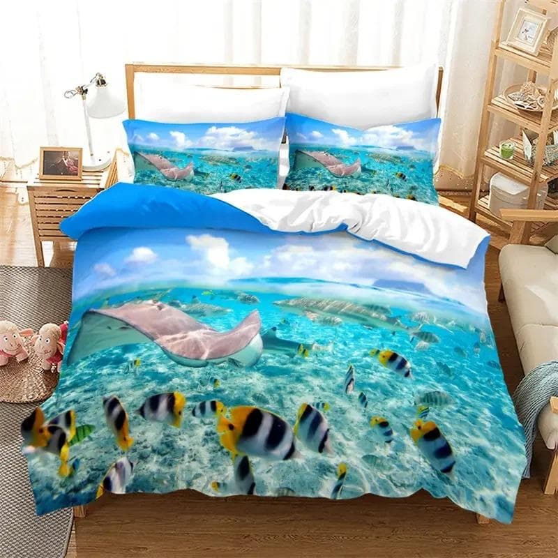 Kids Cartoon Ocean Fish Duvet Cover Microfiber Marine Theme Bedding Set Sea Underwater World Quilt Cover Queen For Boys Girls 70x133cm 2pcs
