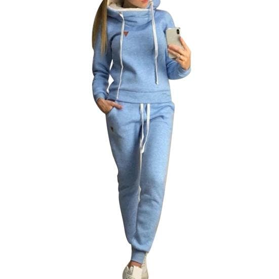 2Pcs Women Jogging Suit Solid Color Tracksuits Fleece Lined Hoodies Pants Set Woman Clothing Plus Size M blue