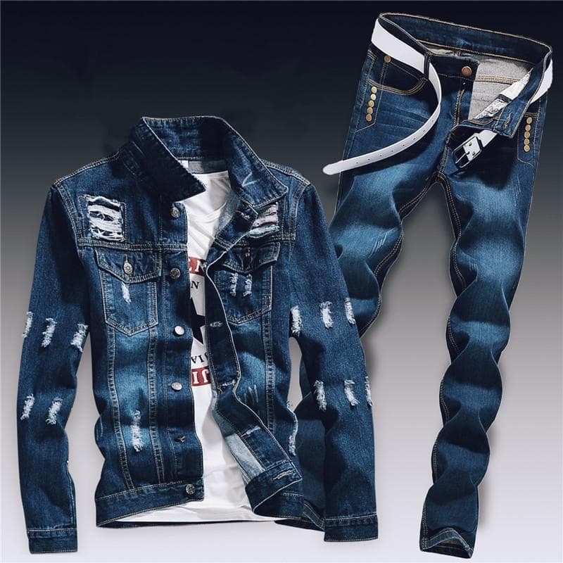 Spring Mens Denim Two Piece Set Hole Ripped Slim Fit Jacket Jeans Sets Male Casual Vintage Ropa Hombre Cargo Suit Streetwear M